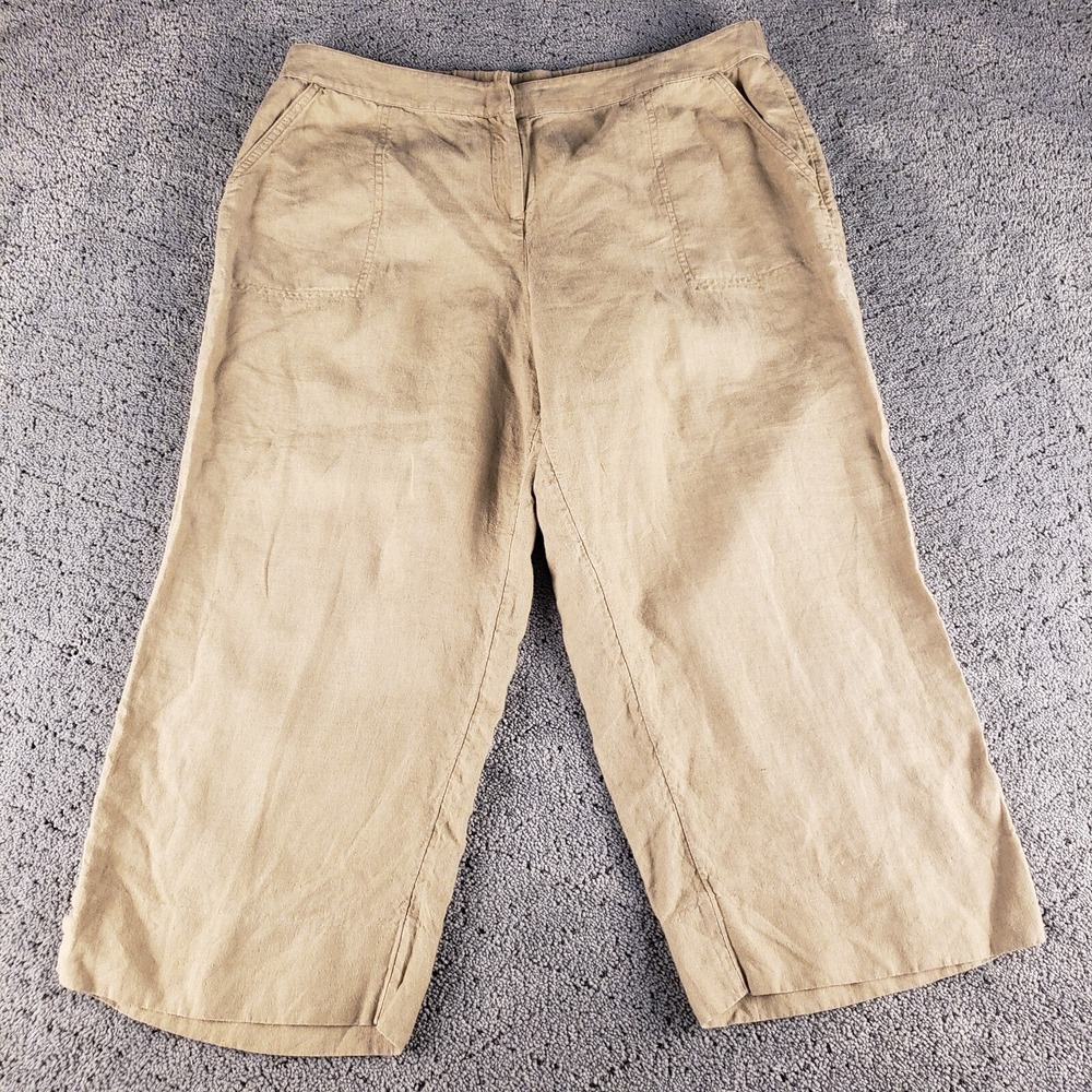 J Jill Pants Womens 14P Khaki Wide Leg 100% Linen Crop Coastal Beach Lightweight